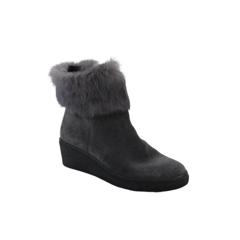 Elena Womens Fur Trim Zip Up Wedge Ankle Booties Gray Size 7